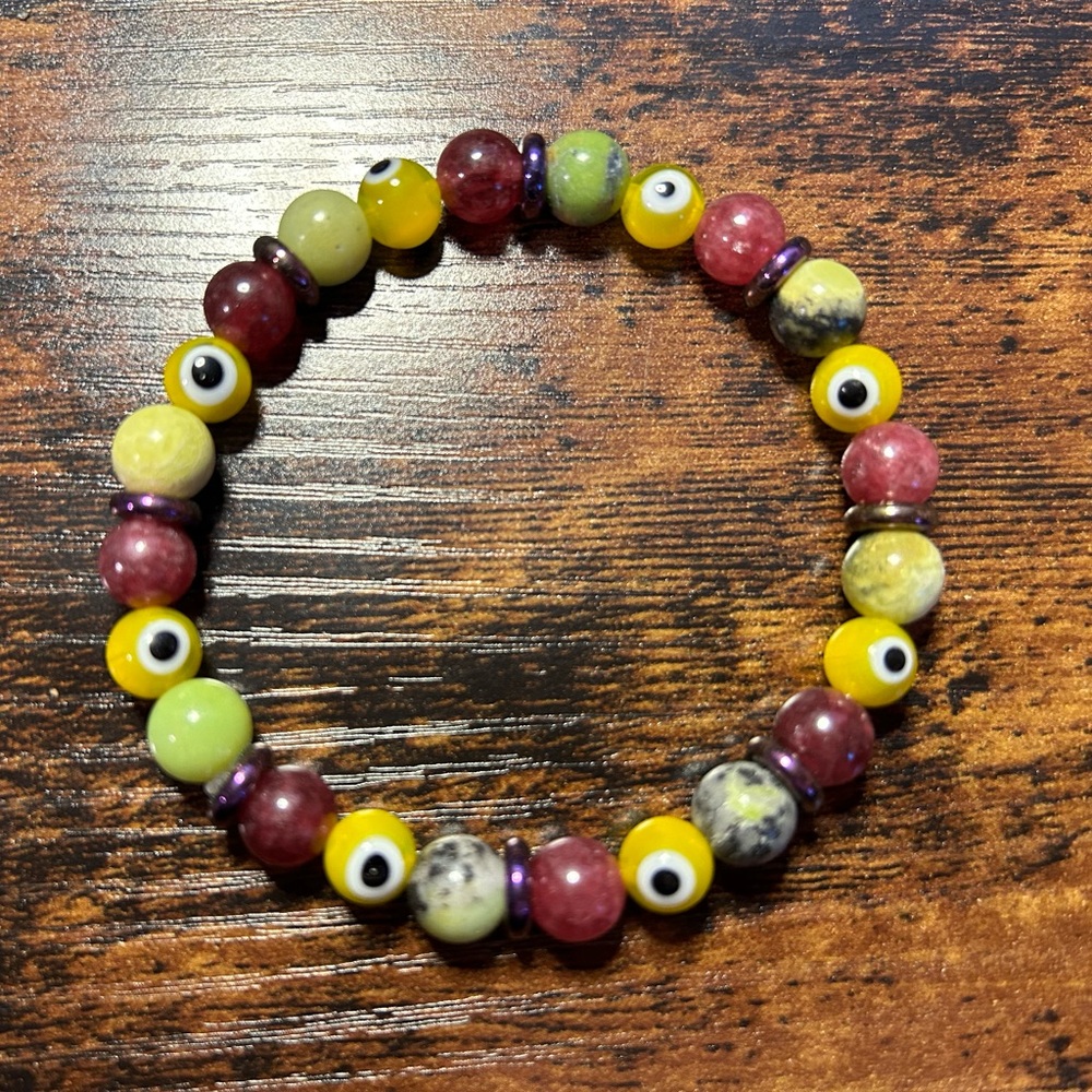 Reiki-Blessed Crystal Bracelet: Ruby, Chrysoprase, Yellow Glass Evil Eye 🧿